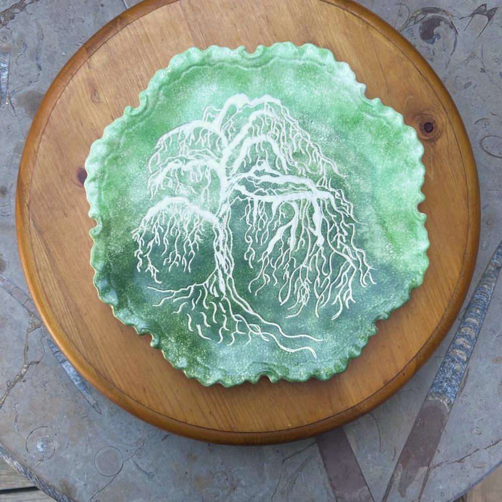 Vintage 1982 Tree of Life Sgraffito Plate Green Studio Pottery Charger Signed 82
